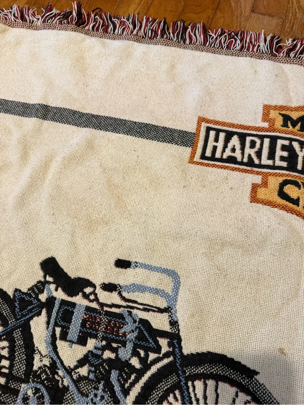 Vintage Harley Davidson Motorcycle FringeTapestry Throw Blanket 100% Cotton 46x6